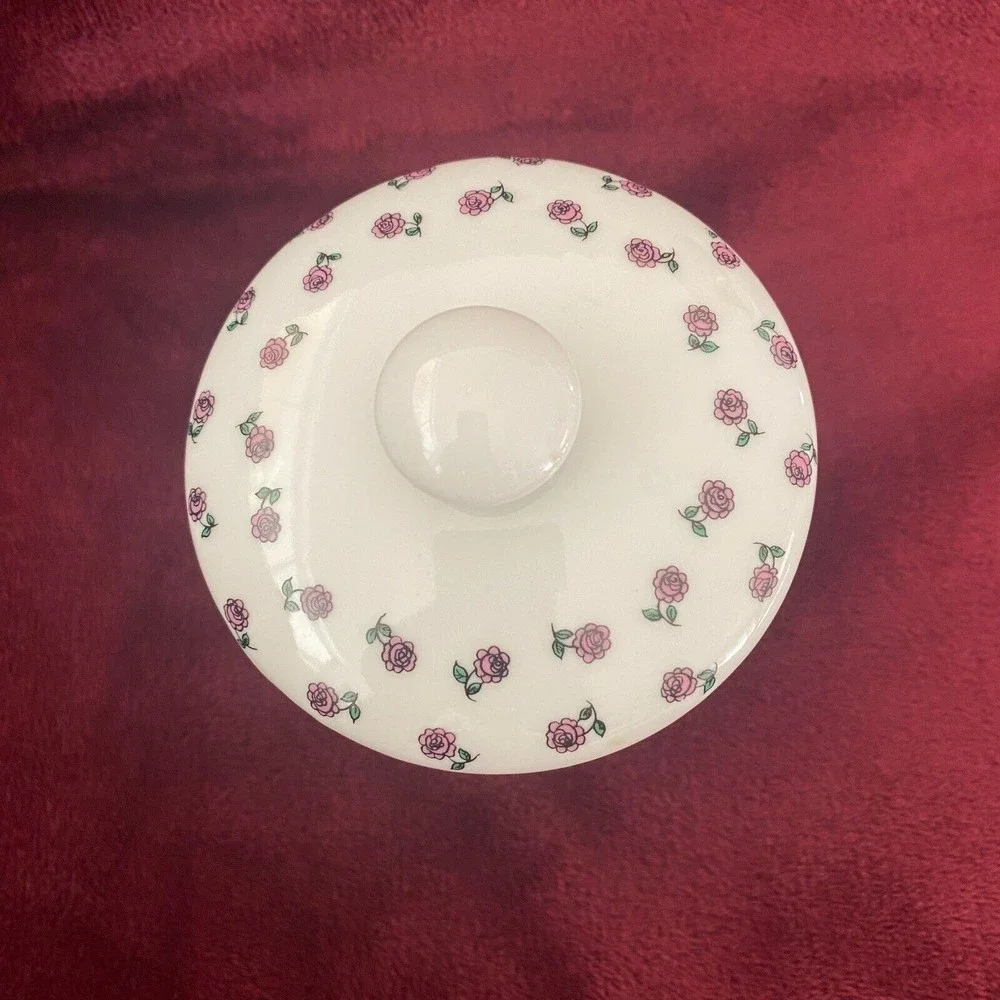 Vintage Porcelain Courting Couple Floral Cotton Ball Vanity Jar West Germany